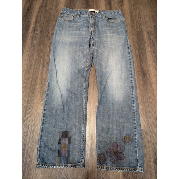 Levis 559 Relaxed Straight Jeans Denim Blue Custom Drawn Flowers Mens W36 L32 - Picture 1 of 7